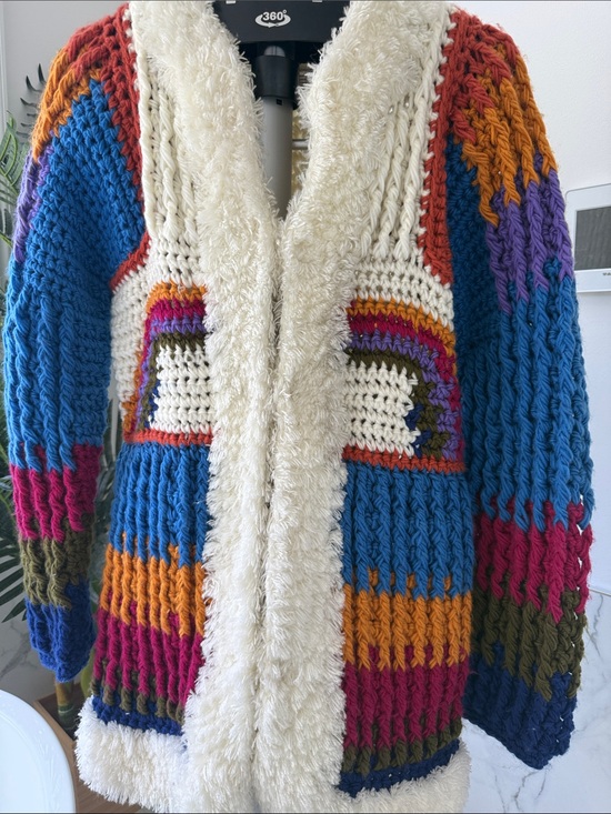 Riddles by Elliot Sweaters - 70s -80s Rainbow Boho Riddles by Elliot Acrylic Crochet Open Sweater Jacket Sz M